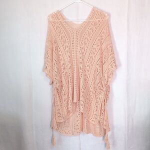 🍉 Peach Open Knit Crocheted Poncho Ruched Tie Sides Bohemian One Size